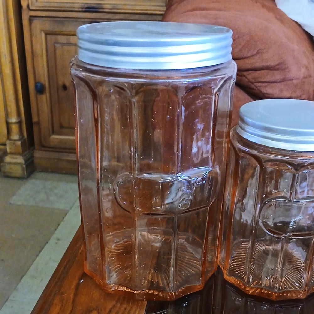 Pink Depresion Glass Storage Jars with Silver Lids Set Of 3